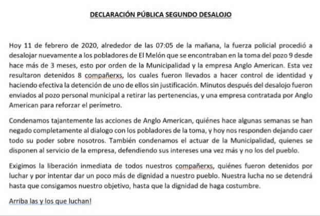 Declaración Pública de toma del Pozo 9 en El Melón