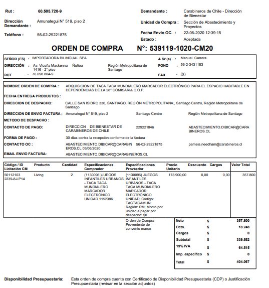 orden de compra de Carabineros
